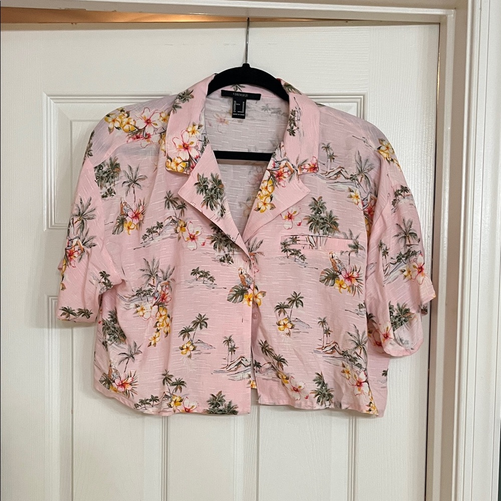 Forever 21 Pink Tropical Print Button Down Shirt